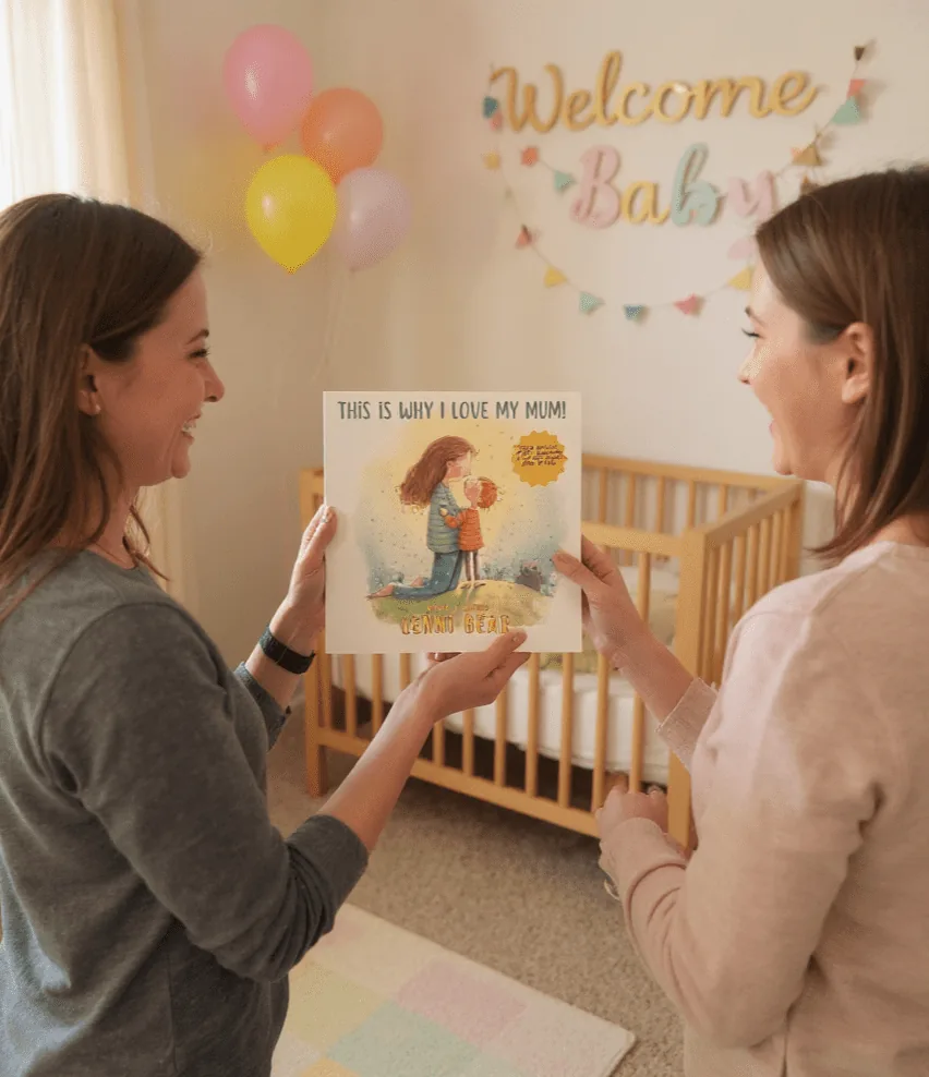 Reading a Lenni Bear book beside a cot