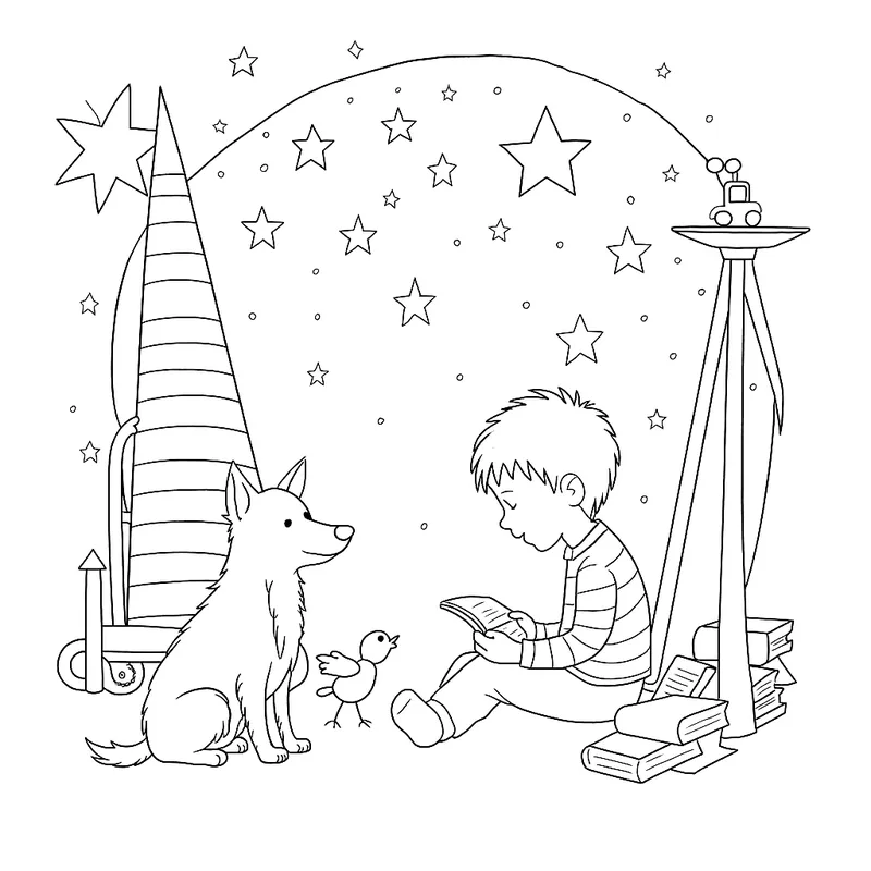 Colouring page — Buzz Pawldrin and a boy reading under the stars