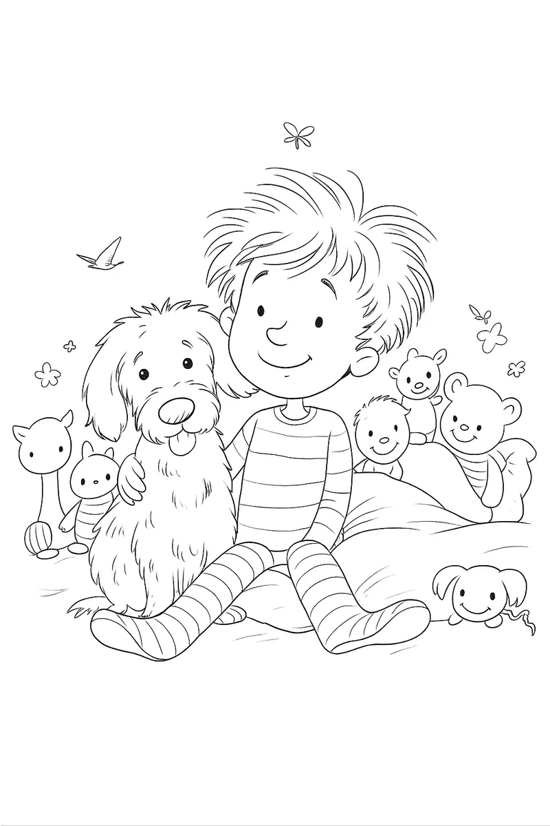 Colouring page — a child with a dog and friends