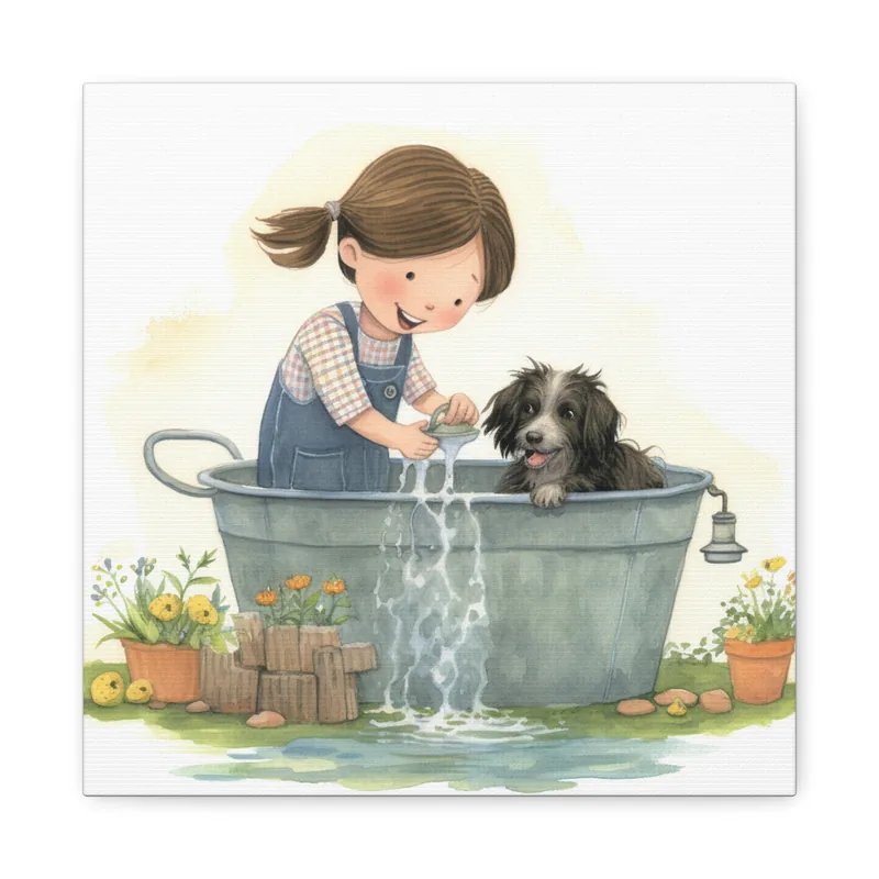 My dog loves to have a bath! — canvas gallery wrap