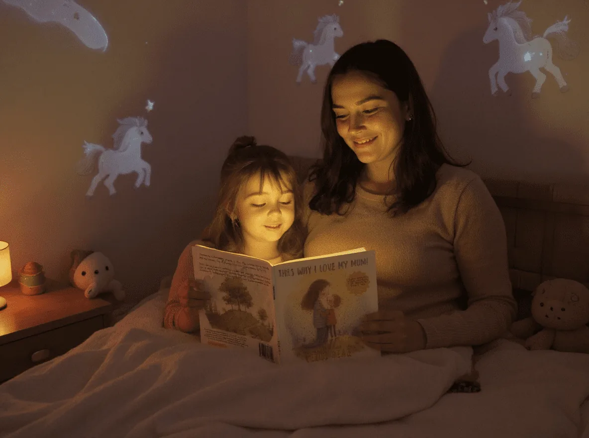 A mother reading to her child in bed